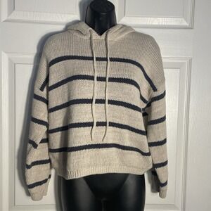 Garnet Hill Sweater Women M Beige Black Linen Cotton Blend Striped Hooded Knit